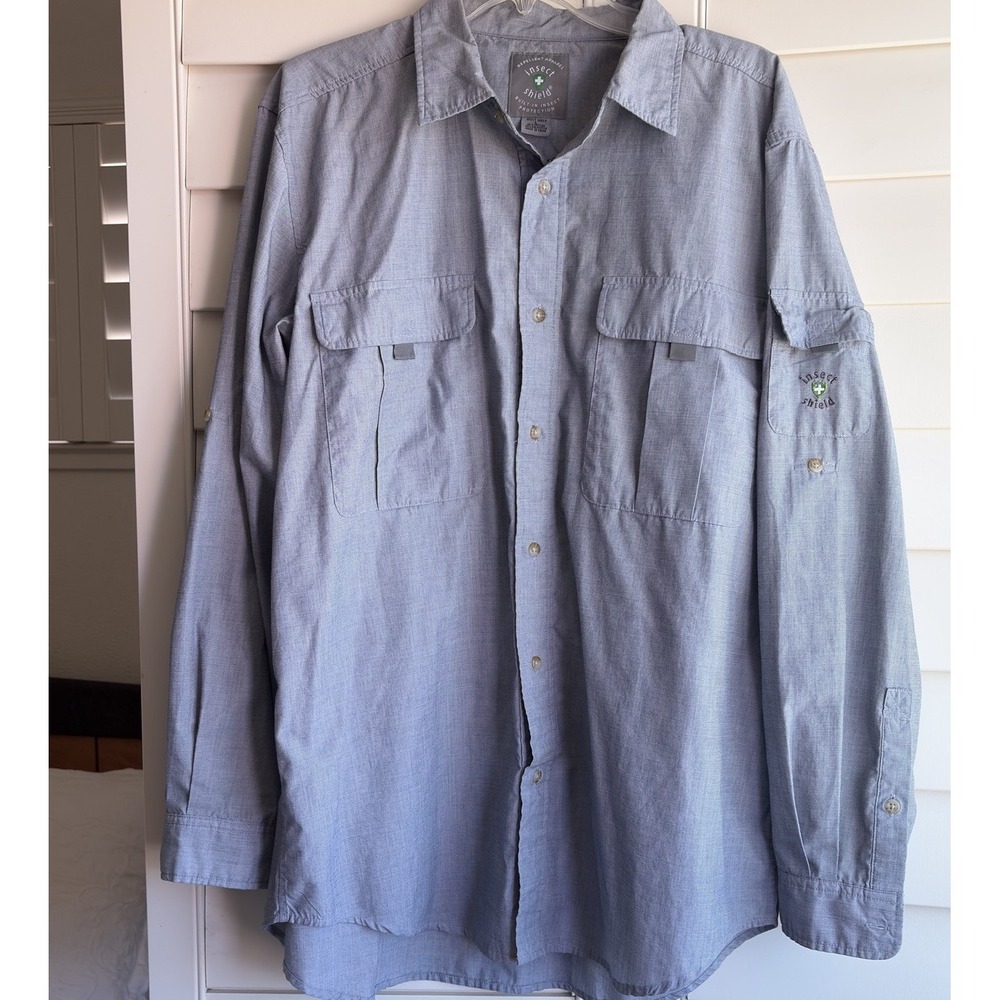 Insect Shield Men's L Fishing Hiking Shirt Gray Vented Bug Repellent Button Up